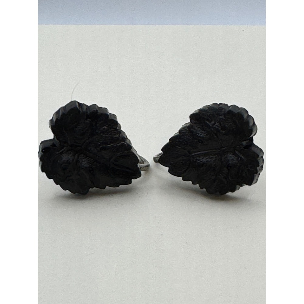 Vintage Black Carved Leaf Screw Back Earrings Mid Century Jewelry